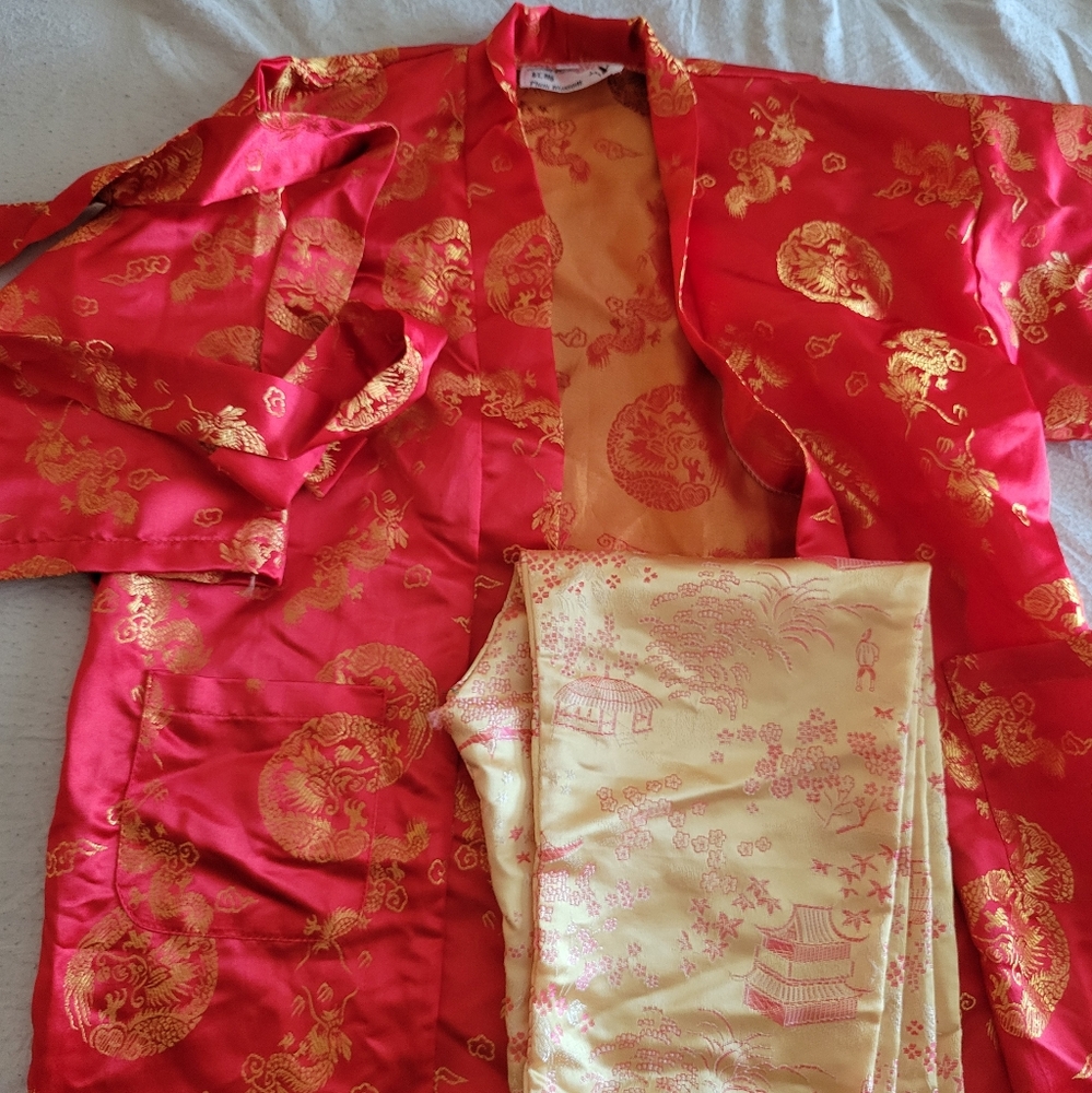 Kids Silk Red and Gold Kimono Set From China, Vintage